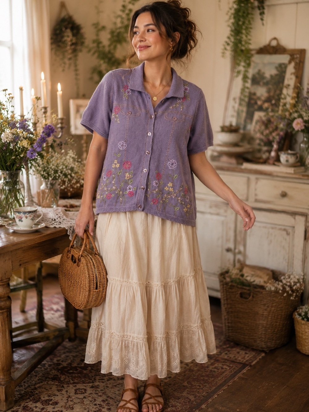 Alfred‎ Dunner Petite Floral Cardigan Cottagecore Vintage Lavender Embroidered M
